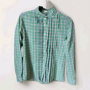 J.Crew Pleated button down shirt Small Slim fit tux style plaid Green